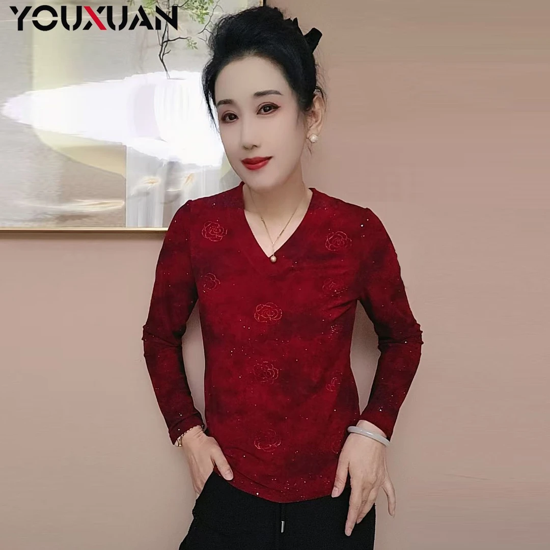 【七夕玫瑰】秋冬百搭韩版上衣时尚休闲宽松长袖V领女士打底衫89318