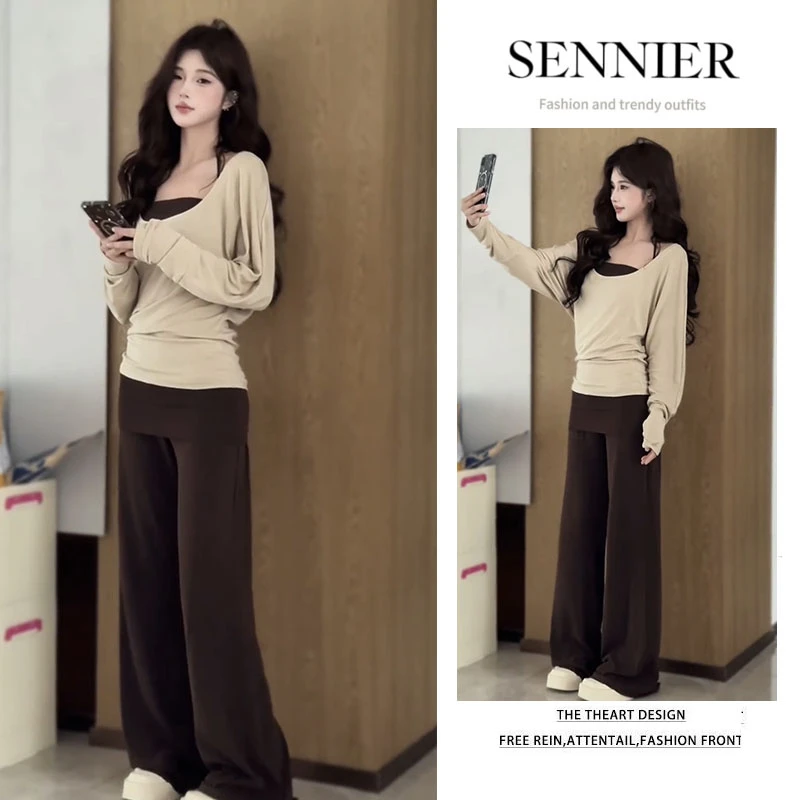 今年流行穿搭一整套2025新款纯欲风宽松长袖百搭背心休闲裤三件套