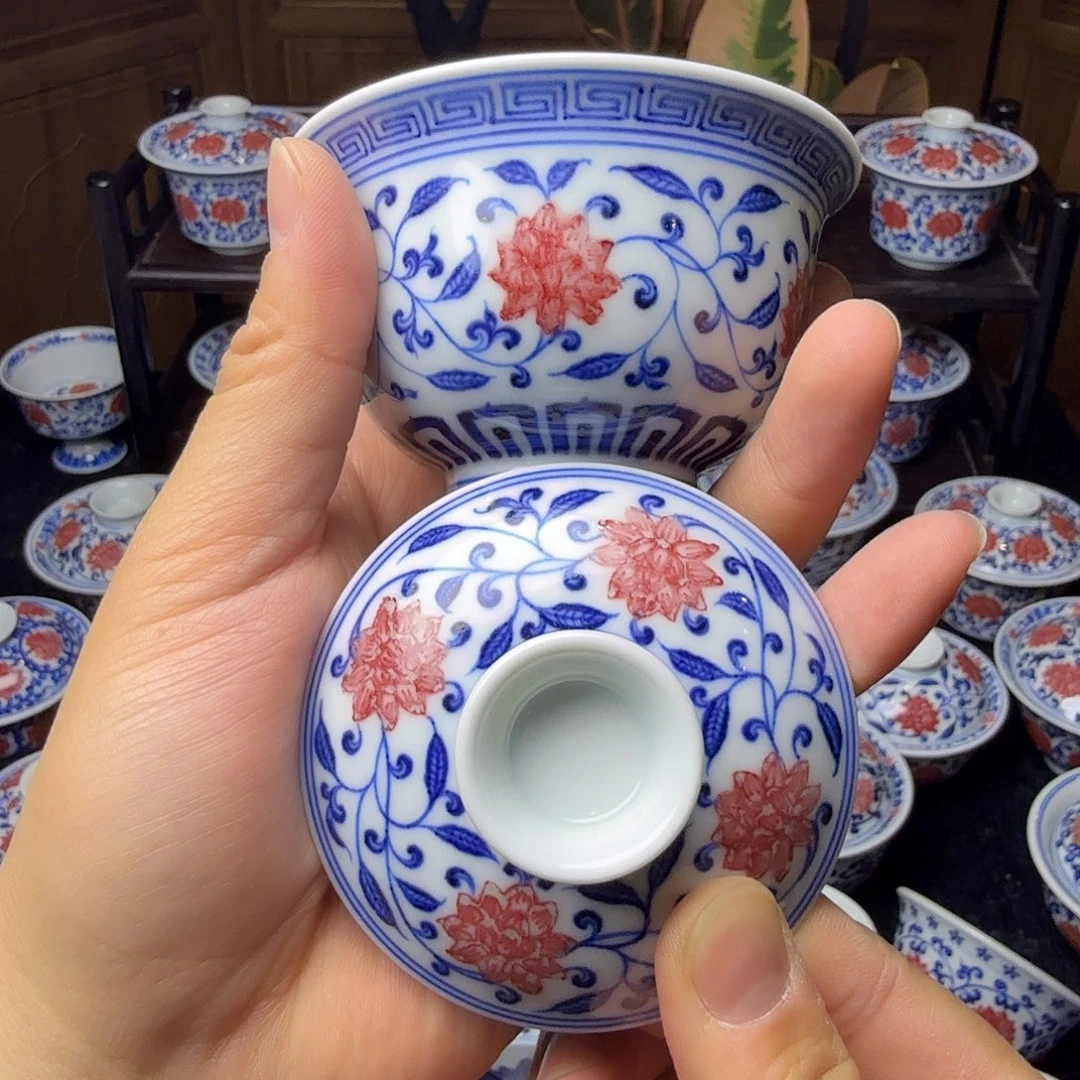 青花釉里红元宝盖碗