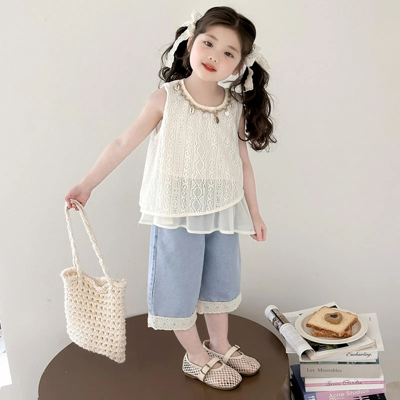 女童夏季套装镂空背心时髦七分裤薄款夏装女宝两件套外穿潮