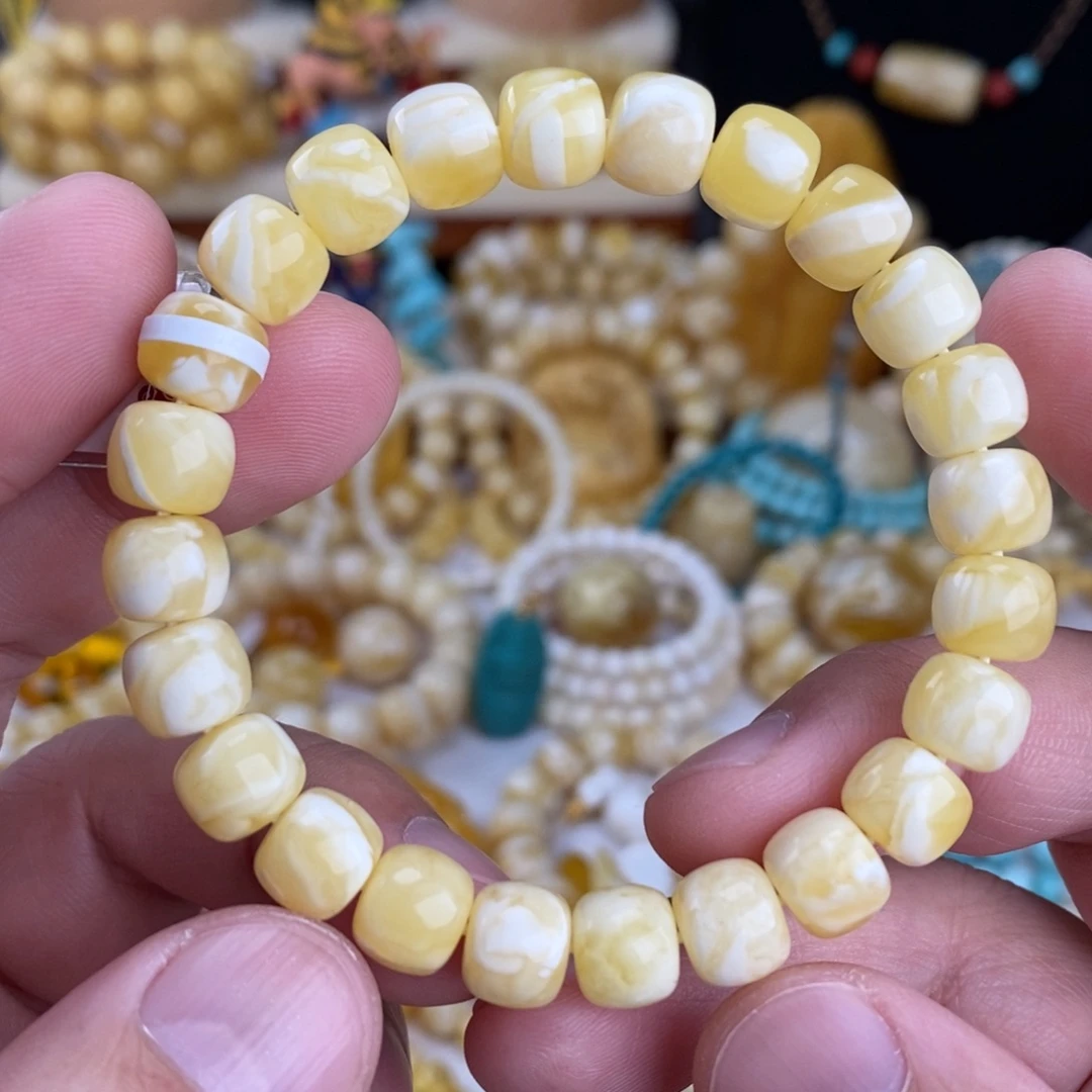 蜜蜡未镶嵌手链瓷白溶洞妖花9.4mm