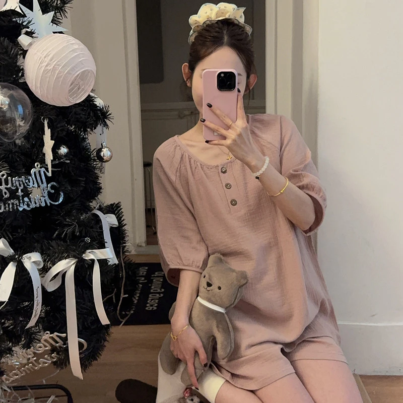 夏季2025新款睡衣女婴儿棉布简约宽松薄款夏天棉麻全棉家居服套装