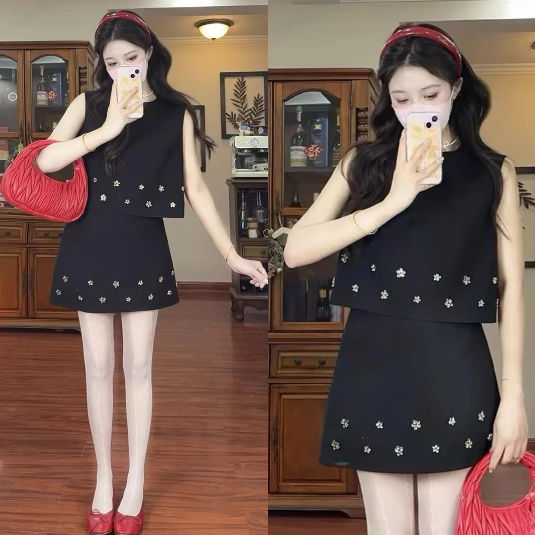 轻奢小香风重工钉花无袖套装女夏季千金感背心上衣高腰a字半身裙