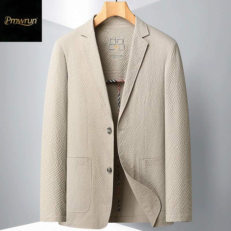 秋季高端时尚商务休闲修身西服男士泡泡纱西装高级西装单西外套