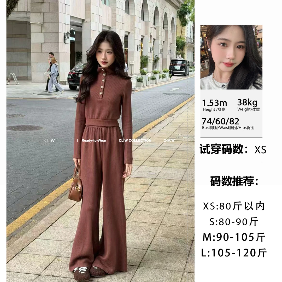菜菜【松弛范本】小个子冬季高领纽扣上衣显高阔腿长裤两件套CTZ94