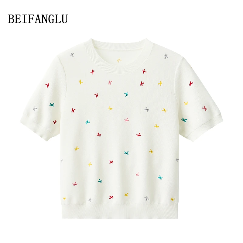 北方鹿【重工刺绣飞燕系列】莱赛尔棉桑蚕丝气质圆领针织短袖251109