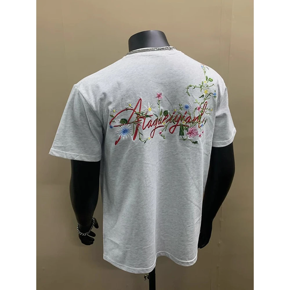 花卉刺绣短袖男款美式高街夏季欧美潮牌t恤情侣hiphop重工半截袖