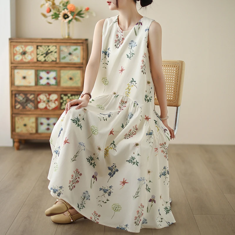 夏季流行穿搭风格中长裙子印花宽松修身背心裙女装爆款连衣裙2025