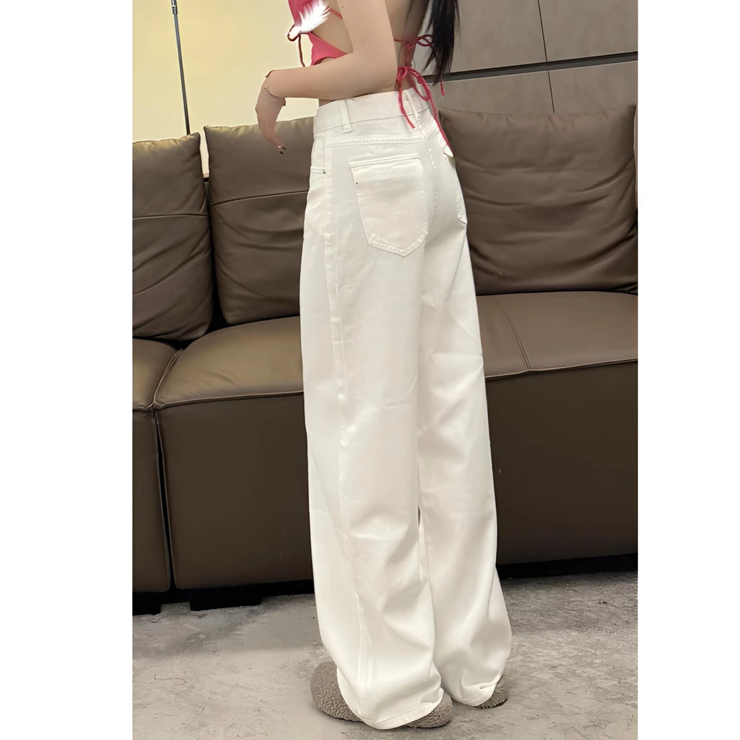 倪不叶【白色阔腿牛仔裤】女春秋休闲拖地裤后袋翻盖设计女式