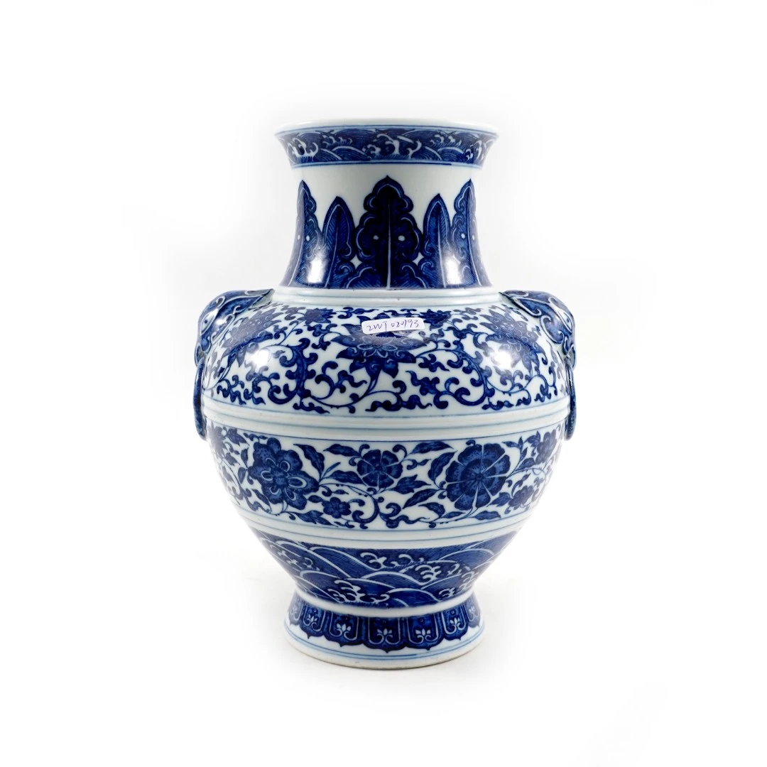 (A6) Q108867大清嘉庆年制款青花缠枝莲纹双兽耳樽  古陶瓷/收藏