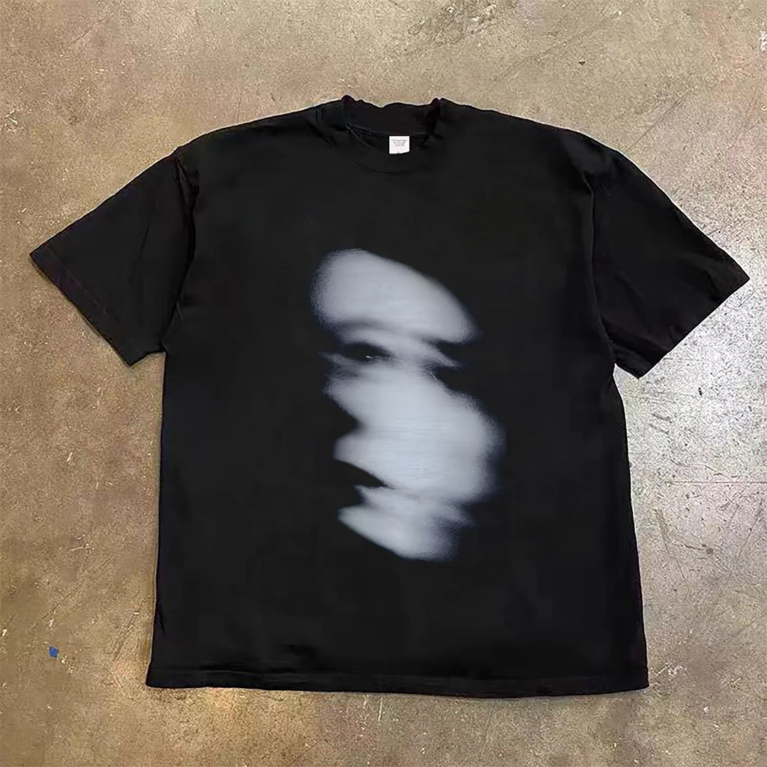 美式潮流时尚新中式美式重影人像印花夏季男士T恤短袖宽松圆领