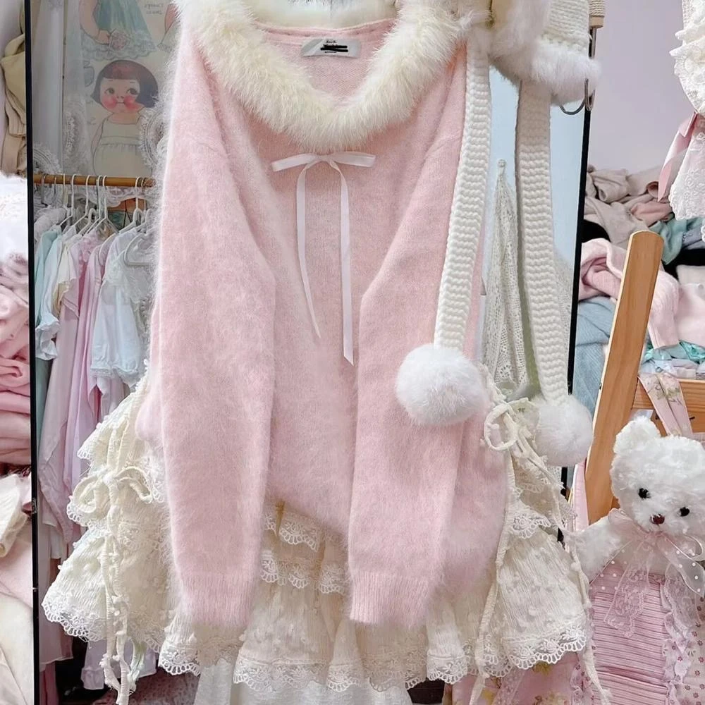 甜美温柔蝴蝶结套头毛衣女秋冬软糯仿水貂绒宽松慵懒针织衫女