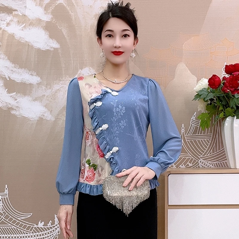 2502款新中式国风打底衫秋冬款时尚复古盘扣拼接百搭显瘦上衣