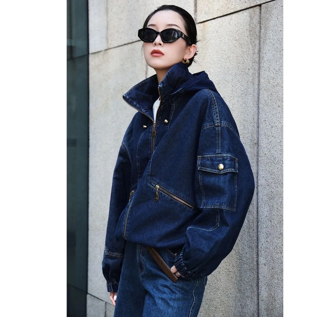 【官方授权】新款极简百搭拉链落肩袖新潮带帽牛仔夹克外套540030