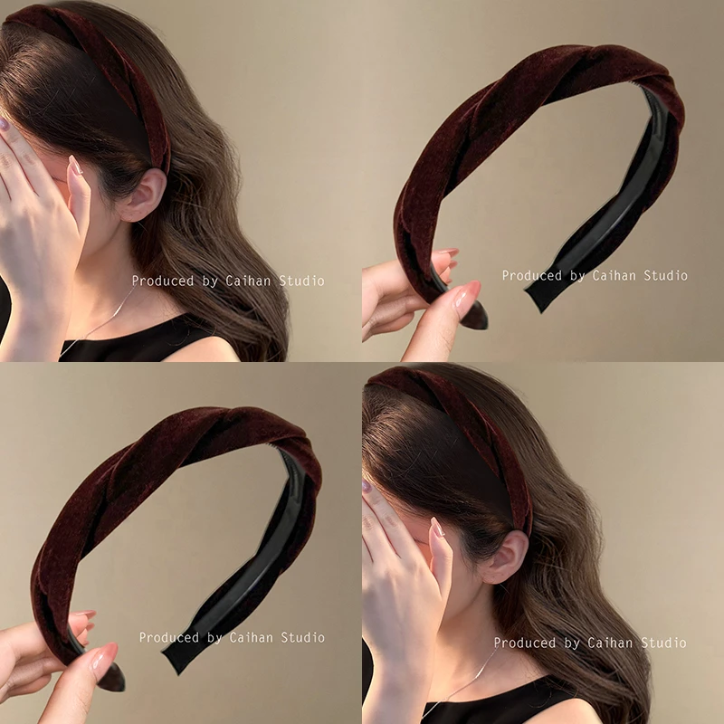 摩卡旧事~韩系牛奶绒麻花发箍女日常外戴复古深棕洗脸头箍盘发器