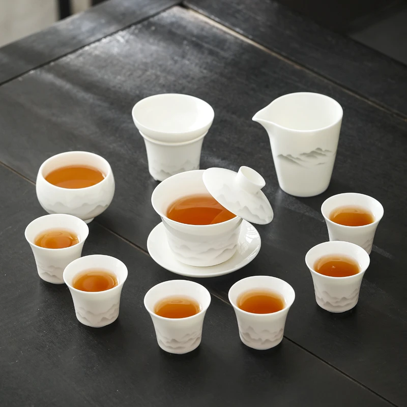 远山羊脂玉悬停盖碗德化白瓷功夫茶具套装高端全套家用办公室整套