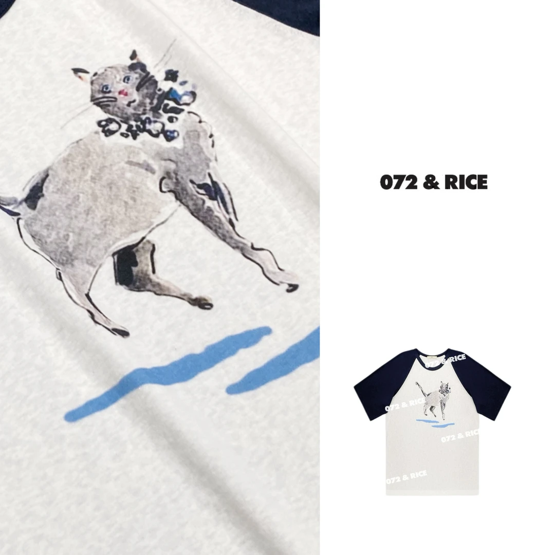 072 & RICE【水彩喵】夏季休闲圆领百搭短袖T恤 32NB375Z*