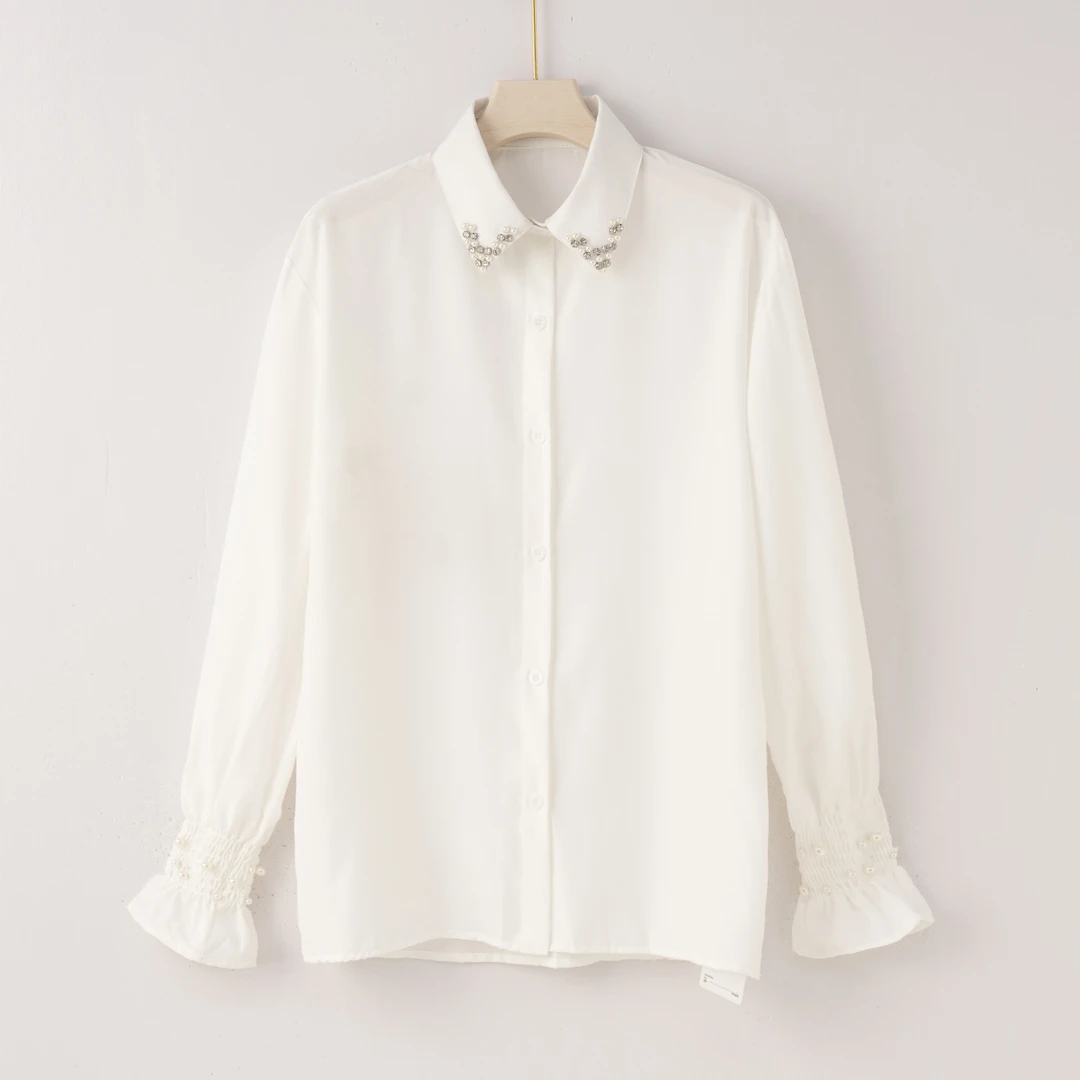 H2859 高级感钉珠设计长袖通勤风女士衬衫