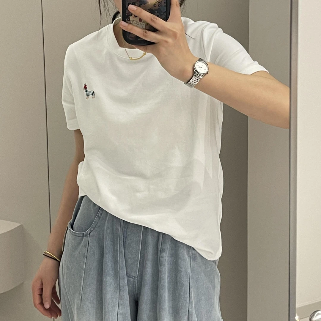 刺绣卡通小狗春夏简约基础款修身显瘦小众短袖T恤女打底衫内搭