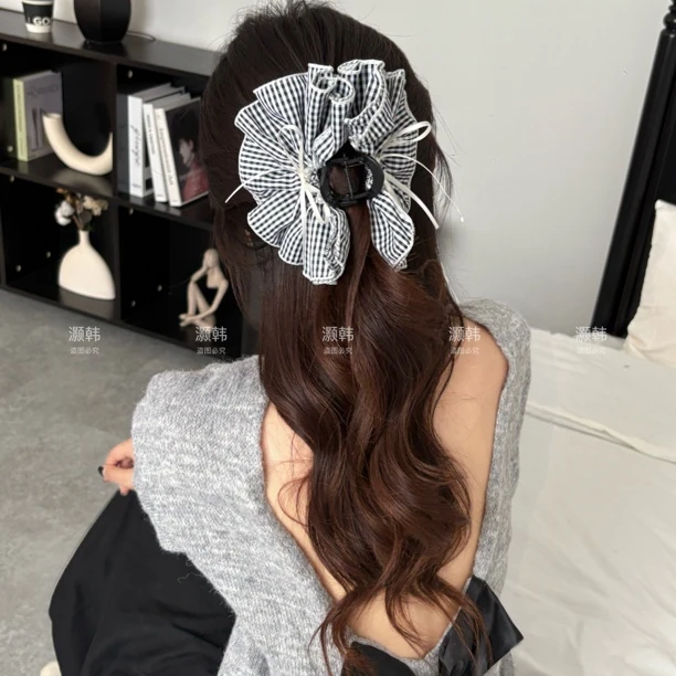 超大半圆裙摆～格子控！大号褶皱黑蓝红格子双面蝴蝶结裙摆抓夹发夹