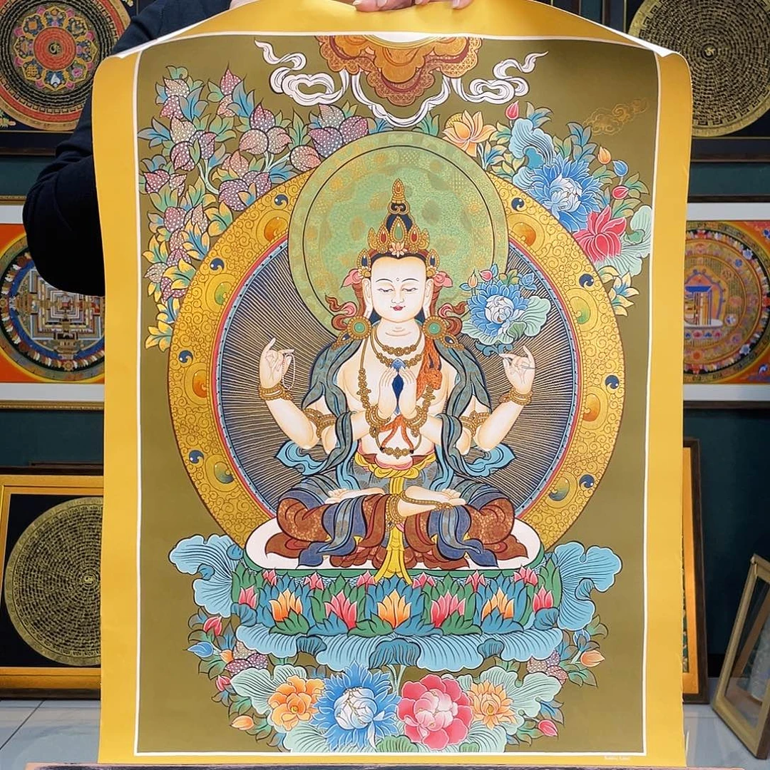 卷轴画四臂观手绘矿料唐卡