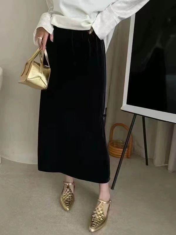 薇莎6306【现货】新中式盘扣显瘦百搭松紧腰丝绒半身裙