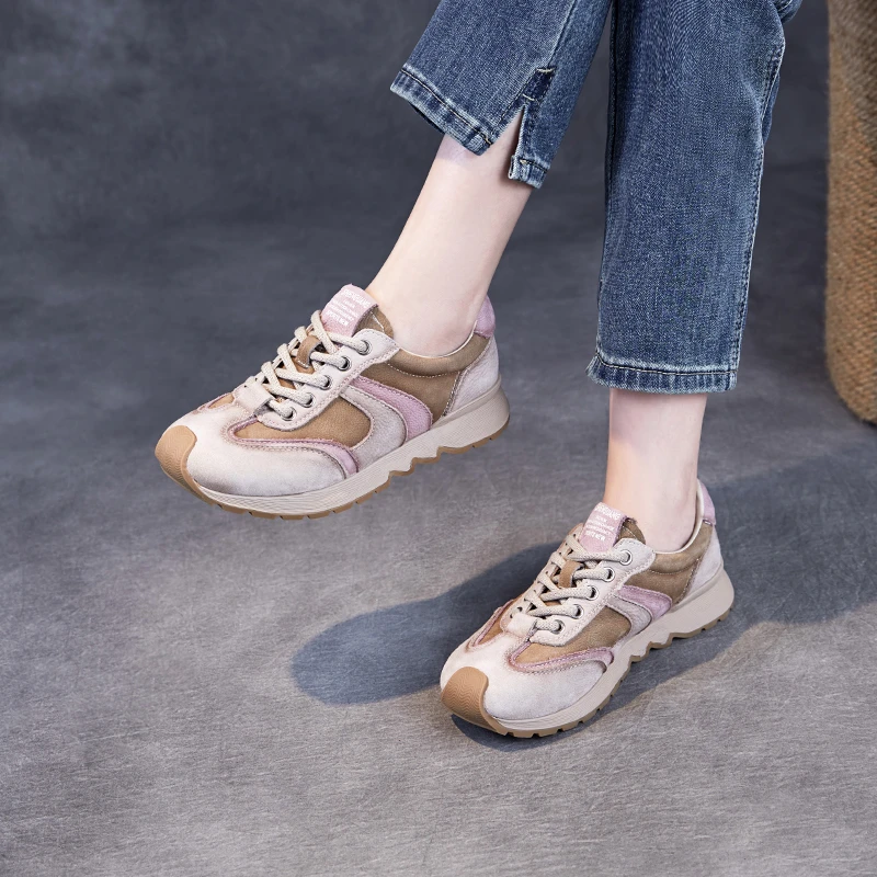 老张手工真皮百搭厚底德训鞋女2025春夏美拉德复古阿甘运动鞋