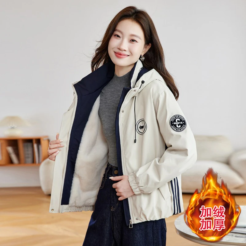 2025秋冬季新款女士时尚气质连帽加绒棉服宽松百搭加厚棉服外套
