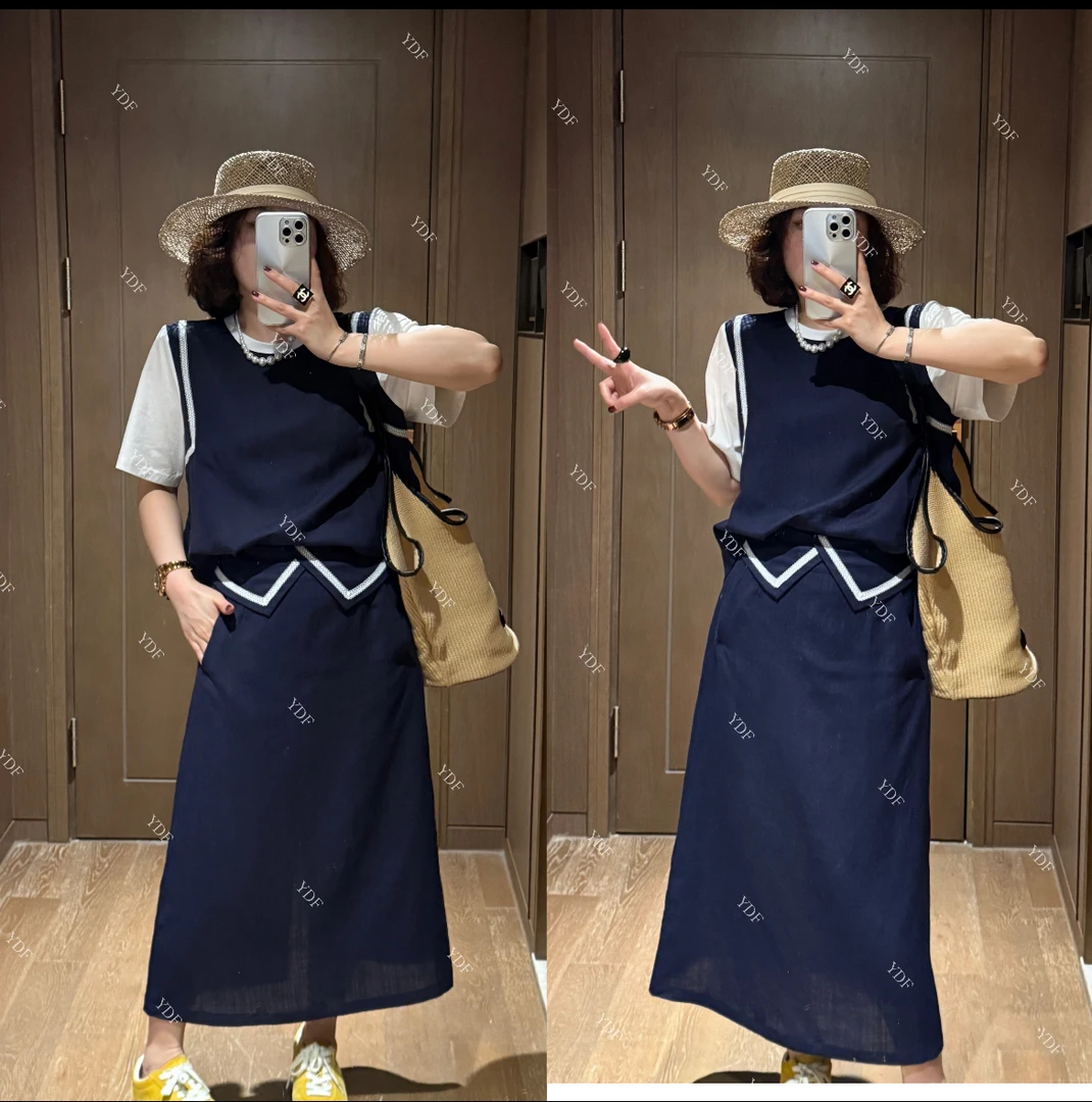 YDFSTUDIO小众【蓝白记忆】欧货蕾丝撞色拼接设计上衣+半身裙套装