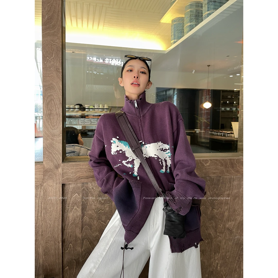 JCCC影子【马到成功】紫色破坏感小马印花短款针织毛衣开衫JE5PBS14
