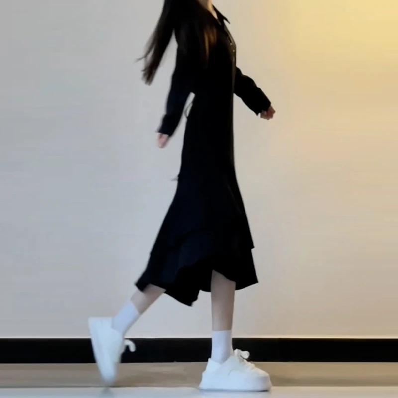 【现货+运补】法式赫本黑色不规则连衣裙女冬内搭收腰长裙8844