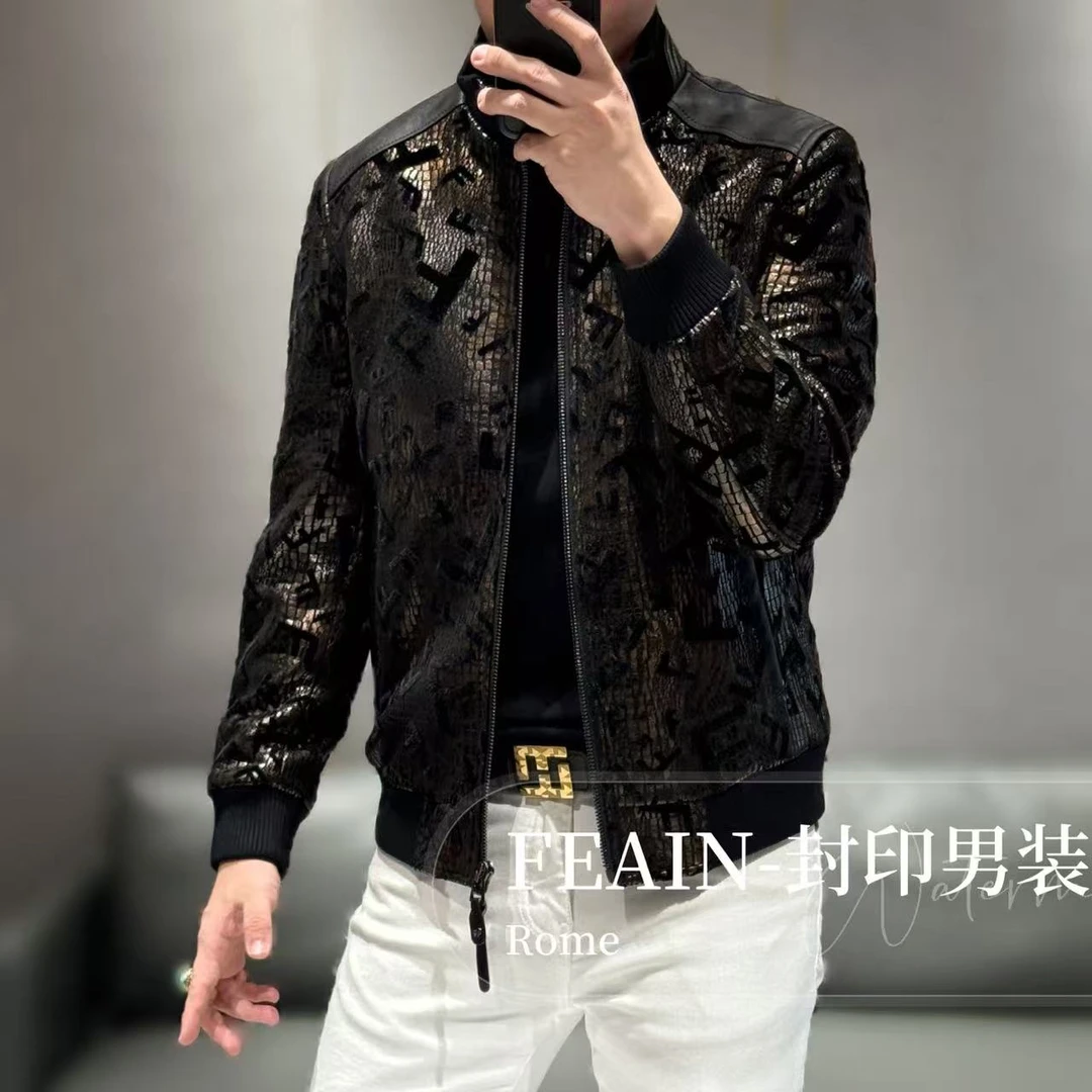 【真皮拼接】高端男士立体激光雕花植绒工艺加棉夹克J525-1