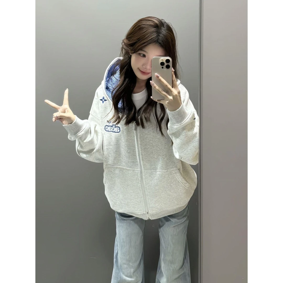 甜美少女美式卫衣女秋冬复古拼接格纹新款宽松连帽开衫慵懒外套