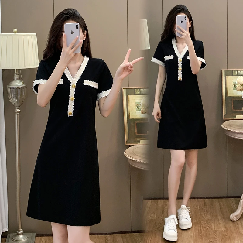 休闲大码女装2025夏季新款黑色小香风连衣裙高端法式V领中长裙