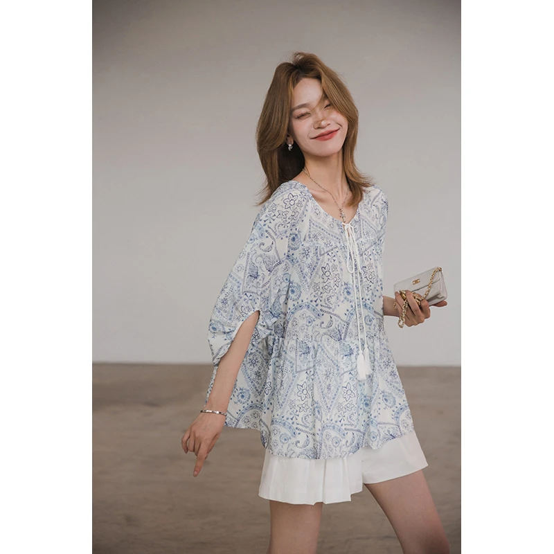 小谷粒【青花瓷小衫】银丝底布印花 轻薄不掉色 抽皱拼接 显瘦显高