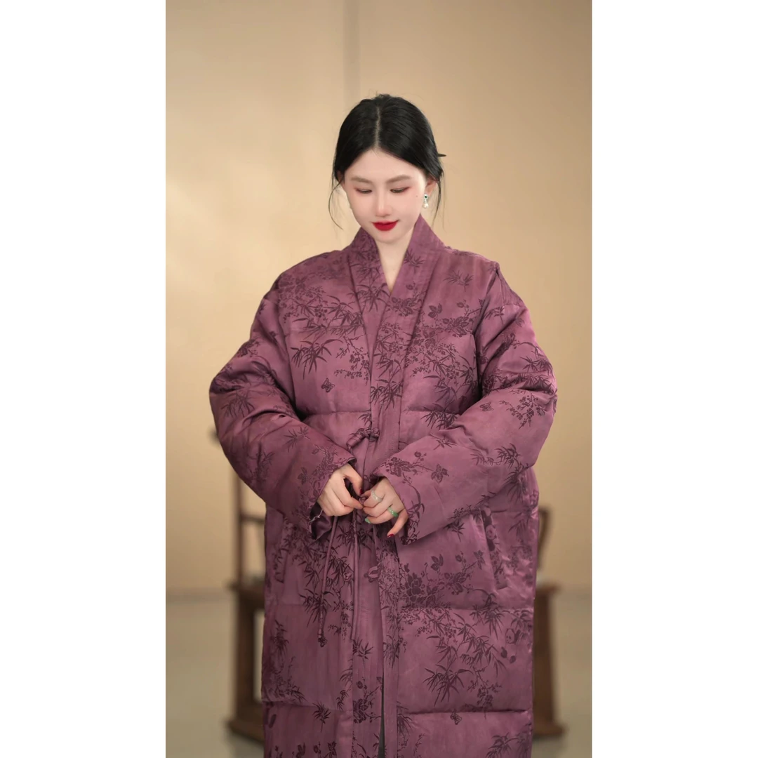 「熊猫竹子」新中式网红秋冬款百搭羽绒服国风复古紫色明制汉服宽松