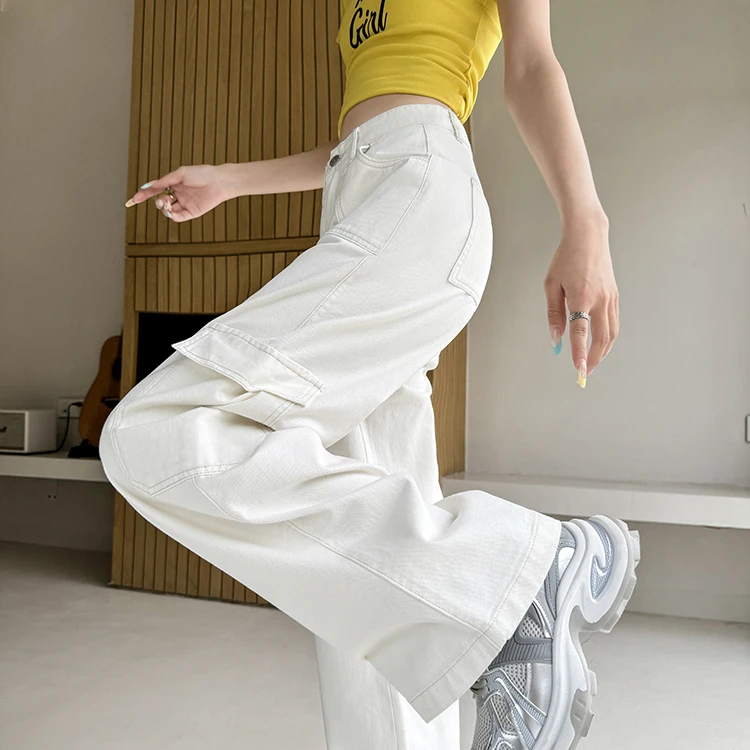 梦冷白色工装阔腿牛仔裤女春夏2025年新款高腰宽松休闲气质拖地裤