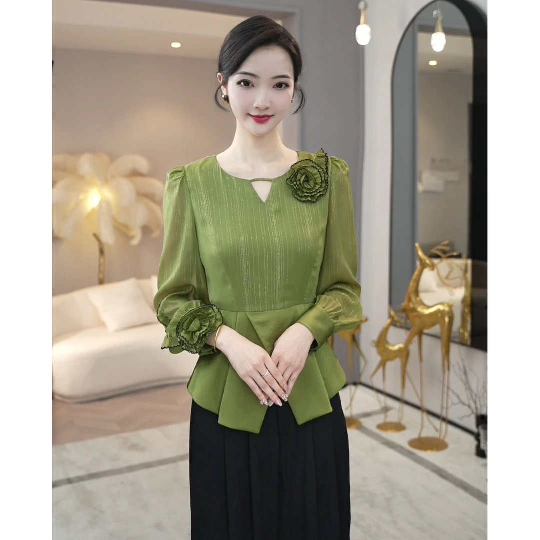 现货2025春秋季新款【ZM-X805】气质高级感绿色百搭长袖衬衫上衣女