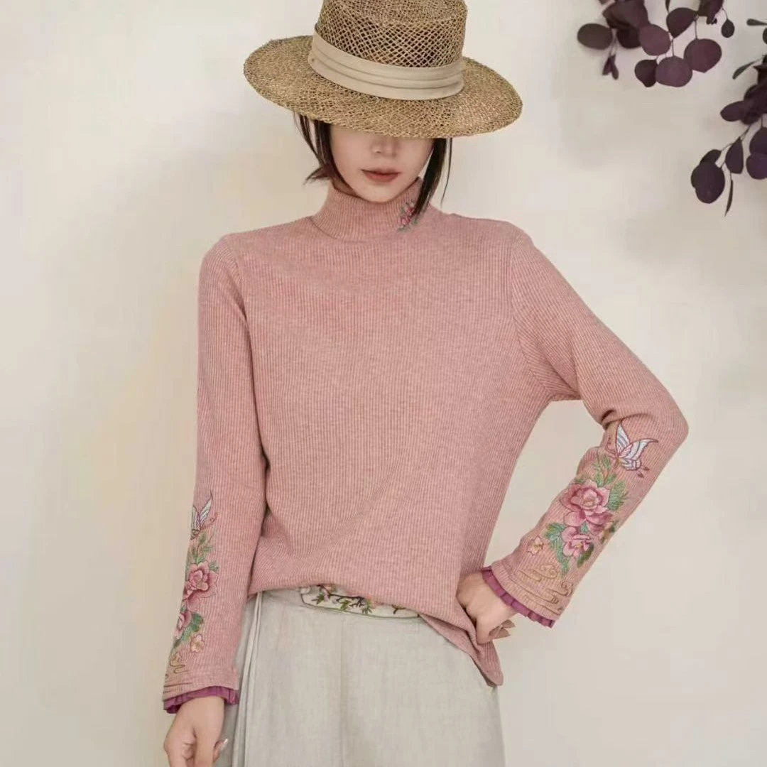 新中式国风重工刺绣长袖加绒打底衫复古百搭秋冬上衣T恤