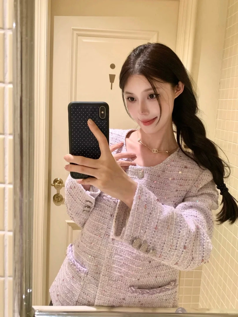 小香风粉格子外套女2025年春秋新款气质圆领高级感显瘦百搭上衣女