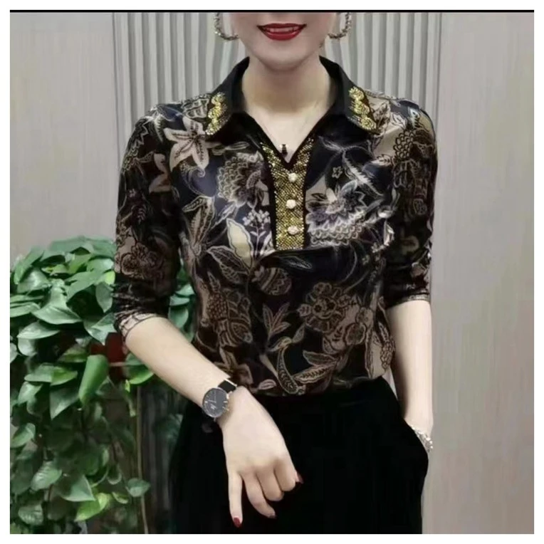 秋季时尚新款洋气衬衫烫钻气质显瘦丝绒上衣长袖翻领打底女士小衫