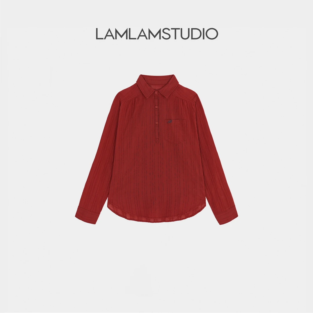 “红玫瑰”纯棉撞色刺绣提花复古半开襟简约衬衫 张一琳 G372T