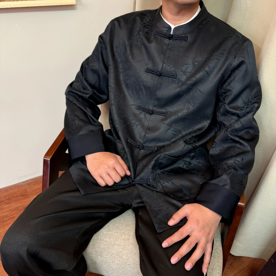 月下扬帆2614秋冬季100桑蚕香云纱提花段竹叶中式唐装长袖外套