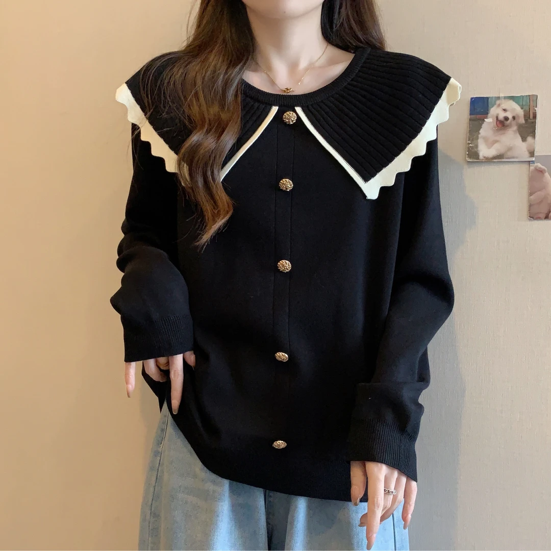 黑色娃娃领毛衣外套女秋季大码微胖mm针织开衫宽松显瘦小香风上衣