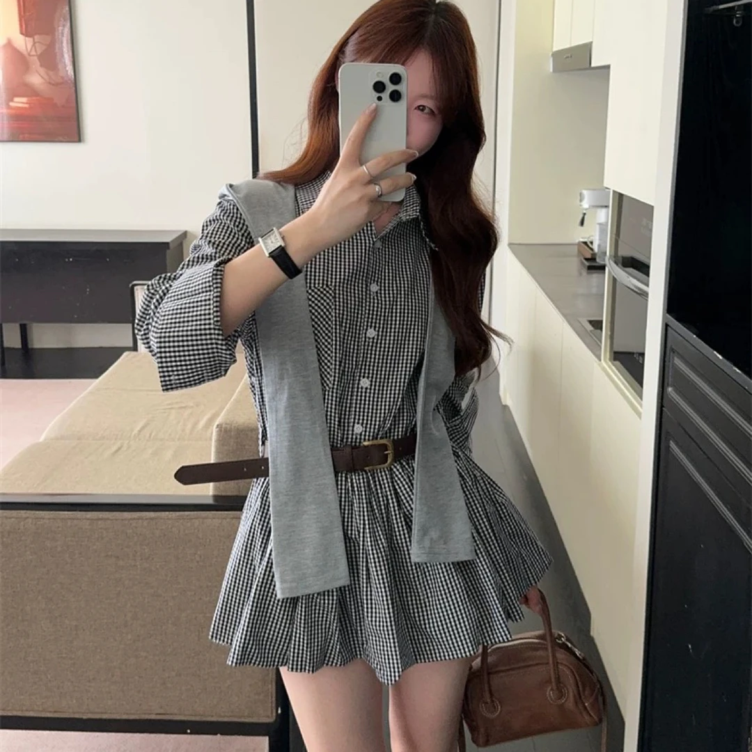 美奈美衣推荐韩系格子披肩衬衫连衣裙带腰带收腰设计气质时尚