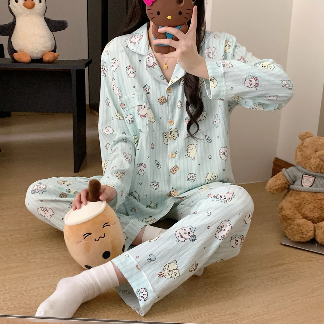 【长袖蓝条纹小八】春秋女士韩版可爱睡衣套装女卡通休闲时尚家居服