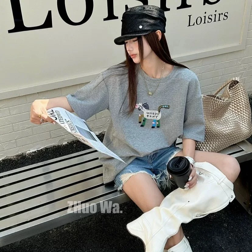 3608-水溶小马刺绣短袖时尚休闲百搭夏季圆领卡通半袖