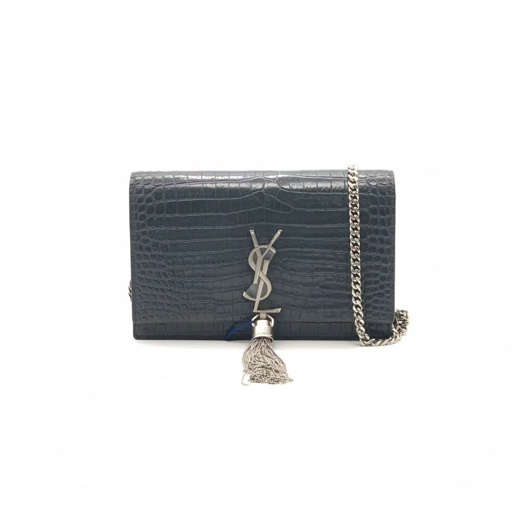 95新 YSL/圣罗兰 深灰色鳄压woc流苏包/