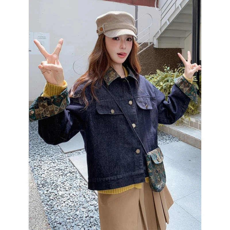 独特超好看拼色牛仔短外套女2025秋季新款高级感炸街覆古夹克上衣