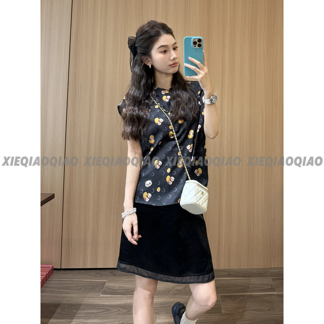 谢荞荞「熊猫蛋仔」夏季冰凉丝暗纹烧花右衽立领新中式斜襟盘扣上衣